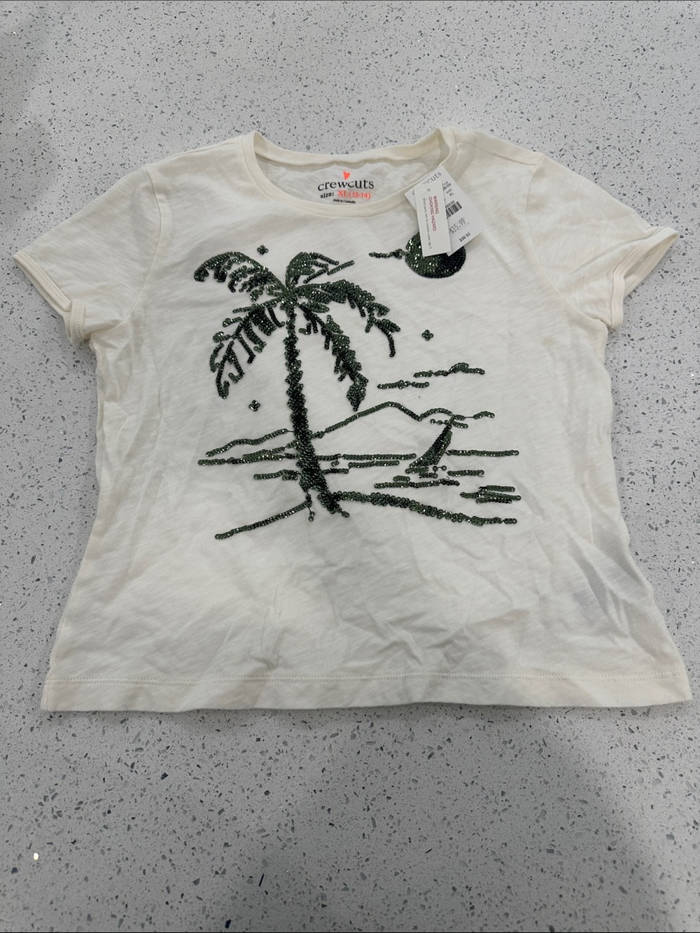 Crewcuts Cream Tee with Green Sequin Palm Graphic